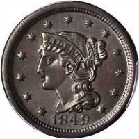 1849 Braided Hair Cent. N-12. Rarity-1. MS-65 BN (PCGS). CAC.