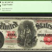 Fr. 85. 1907 $5 Legal Tender Note. PCGS Choice About New 55.