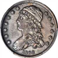 1838 Capped Bust Quarter. B-1, the only known dies. Rarity-1. AU-50 (PCGS).