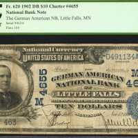 Little Falls, Minnesota. $10 1902 Date Back. Fr. 620. The German American NB. Charter #4655. PCGS Fi