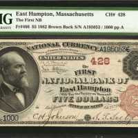 Easthampton, Massachusetts. $5 1882 Brown Back. Fr. 466. The First NB. Charter #428. PMG Gem Uncircu