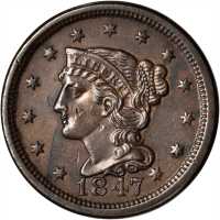 1847 Braided Hair Cent. N-20. Rarity-3. AU-55 Obverse Damage, Reverse Porosity.