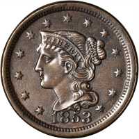 1853 Braided Hair Cent. N-13. Rarity-1. MS-60 BN.