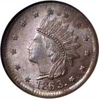 1863 Indian Head / Not One Cent. Fuld-63/366 a. Rarity-1. Copper. 19 mm. MS-65 BN (NGC).