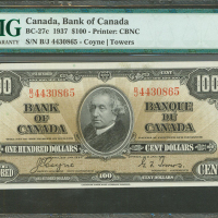 1937年加拿大银行100元，编号B/J 4430865, PMG64EPQ