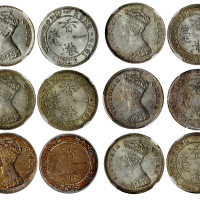 香港1毫银币6枚一组，年份包括1893,94,95,98,99及1901，评PCGS/NGC Genuine 至 MS63