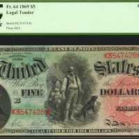Fr. 64. 1869 $5 Legal Tender Note. PCGS Choice About New 55.