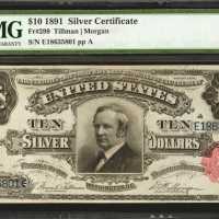 Fr. 299. 1891 $10 Silver Certificate. PMG About Uncirculated 55.