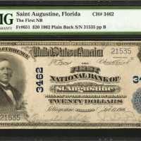 Saint Augustine, Florida. $20 1902 Plain Back. Fr. 651. The First NB. Charter #3462. PMG Choice Very