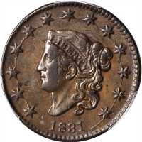 1831 Matron Head Cent. N-12. Rarity-1. Large Letters. EF-45 (PCGS).