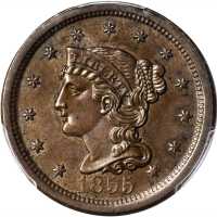 1855 Braided Hair Cent. N-7. Rarity-1. Upright 5s. MS-63 BN (PCGS).