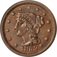 1853 Braided Hair Cent. N-7. Rarity-2. AU-53 (ANACS).
