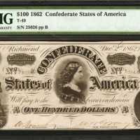 T-49. Confederate Currency. 1862 $100. PMG About Uncirculated 55.