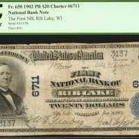 Rib Lake, Wisconsin. $20 1902 Plain Back. Fr. 650. The First NB. Charter #6711. PCGS Very Fine 20.