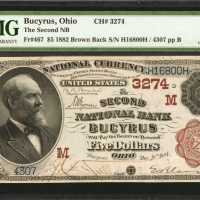 Bucyrus, Ohio. $5 1882 Brown Back. Fr. 467. The Second NB. Charter #3274. PMG Choice Uncirculated 63