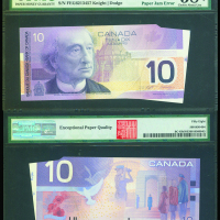 2001-02年加拿大银行10元，编号FEG6213457，纸张皱折错体，PMG58EPQ