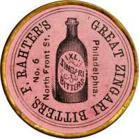 Pennsylvania, Philadelphia. F. Rahters Great Zingari Bitters. Bowers PA-4060. Gilt brass. 34 mm. Cho