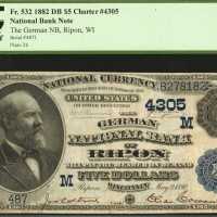 Ripon, Wisconsin. $5 1882 Date Back. Fr. 532. The German NB. Charter #4305. PCGS Very Fine 25.