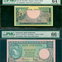 1957年印度尼西亚银行5盾及100盾2枚一组，编号ABV09876及RJ52052，分别评PMG64EPQ及66EPQ