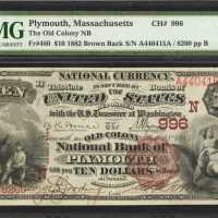 Plymouth, Massachusetts. $10 1882 Brown Back. Fr. 480. The Old Colony NB. Charter #996. PMG Very Fin