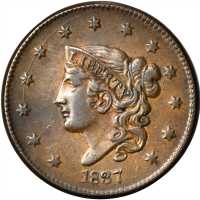 1837 Modified Matron Head Cent. N-14. Rarity-2. Plain Cord, Medium Letters. EF-40.