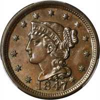 1847/47 Braided Hair Cent. N-2. Rarity-3. Large 7/Small 7. MS-62 BN (PCGS). CAC.