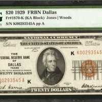 Fr. 1870-K. 1929 $20 Federal Reserve Bank Note. Dallas. PMG Choice Uncirculated 63 EPQ.