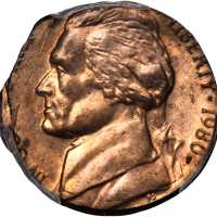 1980-P Jefferson Nickel--Struck on a Cent Planchet--MS-63 RB (PCGS).