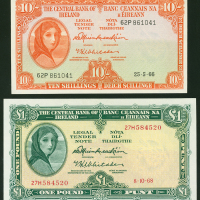 1966-1968年爱尔兰中央银行10司令及1镑，编号62P 861041及27H 584520，10司令UNC品相。1镑AU品相