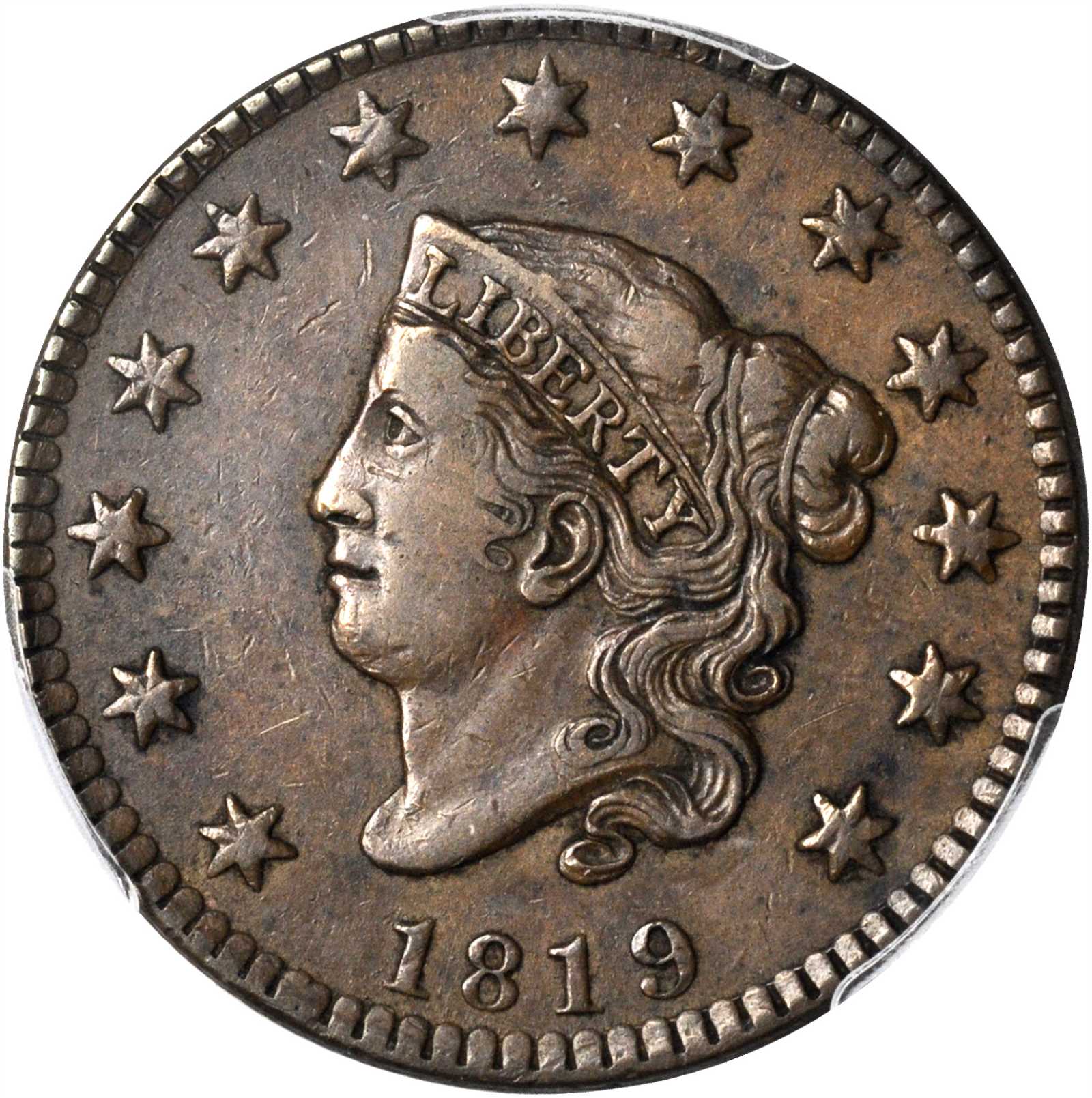 1819 Matron Head Cent. N-5. Rarity-3. Small Date. EF-45 (PCGS).