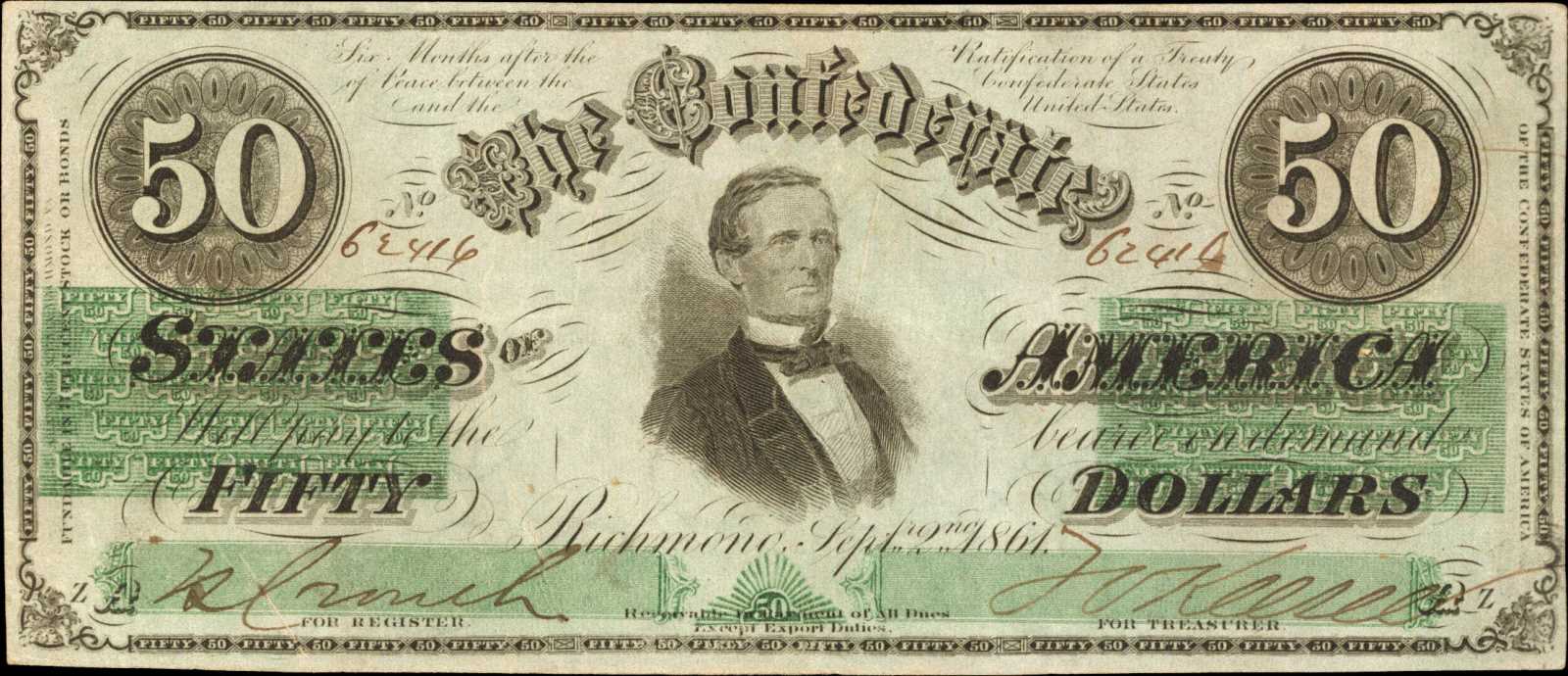 T-16. Confederate Currency. 1861 $50. Choice Very Fine.