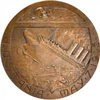 1918 Medal on the Sinking of the Lusitania and the U.S. Entry into World War One. Bronze. 53.9 mm. B
