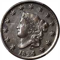 1824 Matron Head Cent. N-2. Rarity-2. AU Details--Cleaned (PCGS).