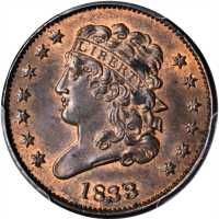 1833 Classic Head Half Cent. C-1, the only known dies. Rarity-1. MS-63 RB (PCGS).