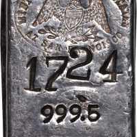 Undated San Francisco Mint Silver Ingot. Type I Oval Hallmark. No. 1724. 6.67 Ounces. 999.5 Fine.