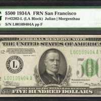 Fr. 2202-L. 1934A $500 Federal Reserve Note. San Francisco. PMG Gem Uncirculated 66 EPQ.
