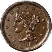 1855 Braided Hair Cent. N-7. Rarity-1. Upright 5s. MS-63 BN (PCGS).