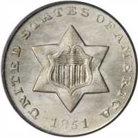 1851-O Silver Three-Cent Piece. MS-64 (PCGS). CAC.