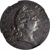 1773 Virginia Halfpenny. Newman 24-K, W-1570. Rarity-1. Period After GEORGIVS, 7 Harp Strings. AU De