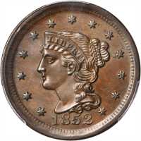 1852 Braided Hair Cent. N-7. Rarity-1. Repunched Date. MS-64 BN (PCGS).