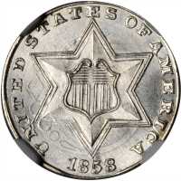 1858 Silver Three-Cent Piece. MS-66 (NGC).