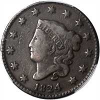 1824 Matron Head Cent. N-2. Rarity-2. Fine-12 (PCGS).