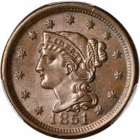 1851 Braided Hair Cent. N-12, 11. Rarity-1. MS-65 BN (PCGS).