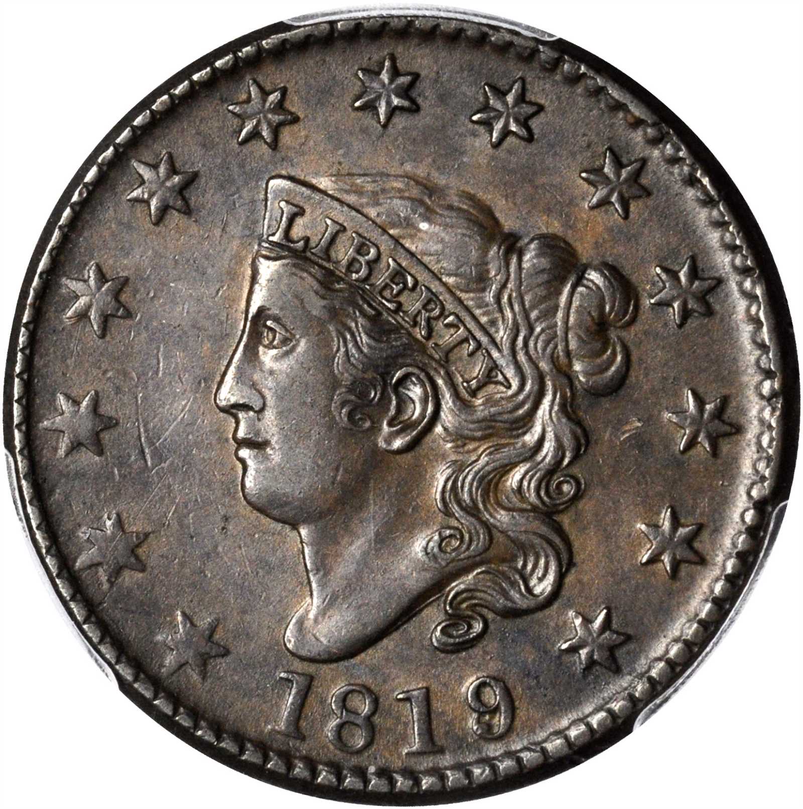 1819/8 Matron Head Cent. N-1. Rarity-1. AU-53 (PCGS).