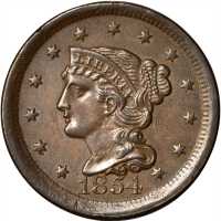 1854 Braided Hair Cent. N-14. Rarity-2. AU-50.