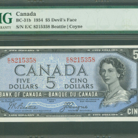 1954年加拿大银行5元「魔鬼脸」，编号E/C 8215358, PMG64EPQ