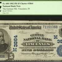 Vincennes, Indiana. $5 1902 Plain Back. Fr. 600. The German NB. Charter #3864. PCGS Extremely Fine 4