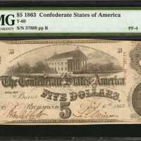 T-60. Confederate Currency. 1863 $5. PMG Choice Very Fine 35.