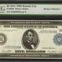 Fr. 883b. 1914 $5 Federal Reserve Note. Kansas City. PMG About Uncirculated 55 EPQ.