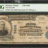 Sonora, Texas. $10 1902 Plain Back. Fr. 633. The First NB. Charter #5466. PMG Very Fine 20.